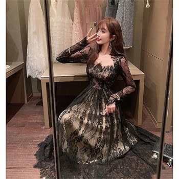 Amazon.com: Women's Sexy Dark Lace Long Dress Vintage Square